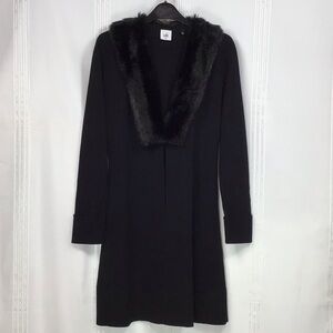 CAbi Black Sweater Jacket Long Sleeve Faux Fur Trim Collar Unlined